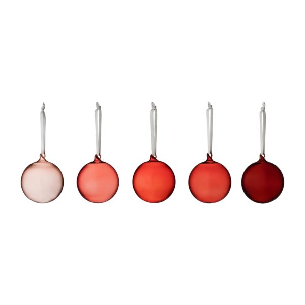 Dieses Set besteht aus 5 mundgeblasenen Weihnachtskugeln aus Glas in verschiedenen Rottönen von Iittala, die sich hübsche Dekoration eignen.