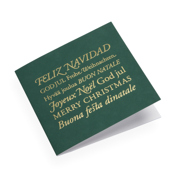 Eine Weihnachtskarte aus 100% Baumwollpapier von Bookbinders Design, mit Weihnachtsgrüssen in verschiedenen Sprachen aufgedruckt.