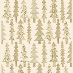 Dieser Baumwollstoff von Marimekko hat eine Rapportlänge von 156 cm und zeigt das KUUSIKOSSA Muster in den Farben cotton und gold.