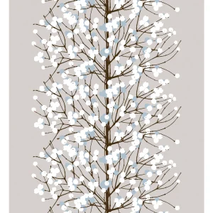 Dieser Baumwollstoff von Marimekko hat eine Rapportlänge von 156 cm und zeigt das LUMIMARJA Muster in den Farben weiss, grau, schwarz und hellblau.