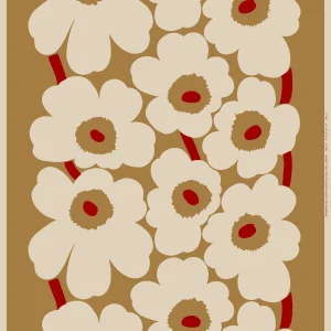 Dieser Baumwollstoff von Marimekko hat eine Rapportlänge von 156 cm und zeigt das Unikko Muster in den Farben cotton, rot und beige.