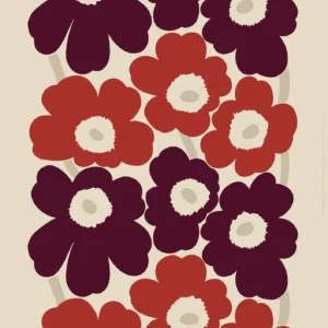 Dieser Baumwollstoff von Marimekko hat eine Rapportlänge von 156 cm und zeigt das UNIKKO Muster in den Farben rot, dunkelrot und leinen.