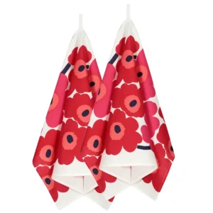 Marimekko Küchentuch UNIKKO weiss-rot mit klassischem Blumenmotiv