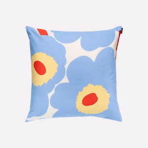 Marimekko Kissen Unikko 50x50 aus Bio-Baumwolle in Weiss Hellblau Orange-Rot und Melone