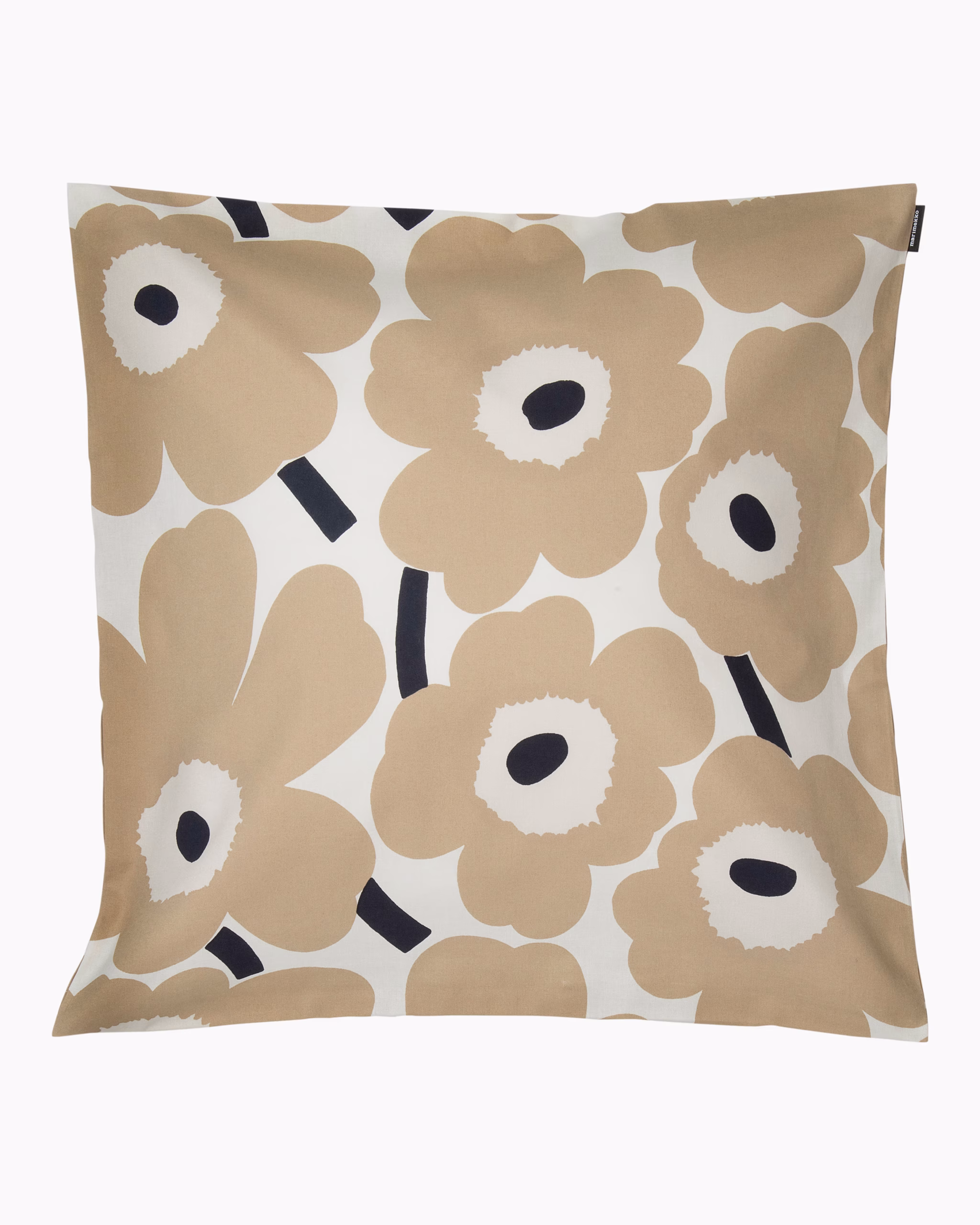 Marimekko Pieni Unikko Kissenbezug 50 × 50 cm aus Bio-Baumwolle im ikonischen Unikko-Muster in Off-White, Beige und Dunkelblau.