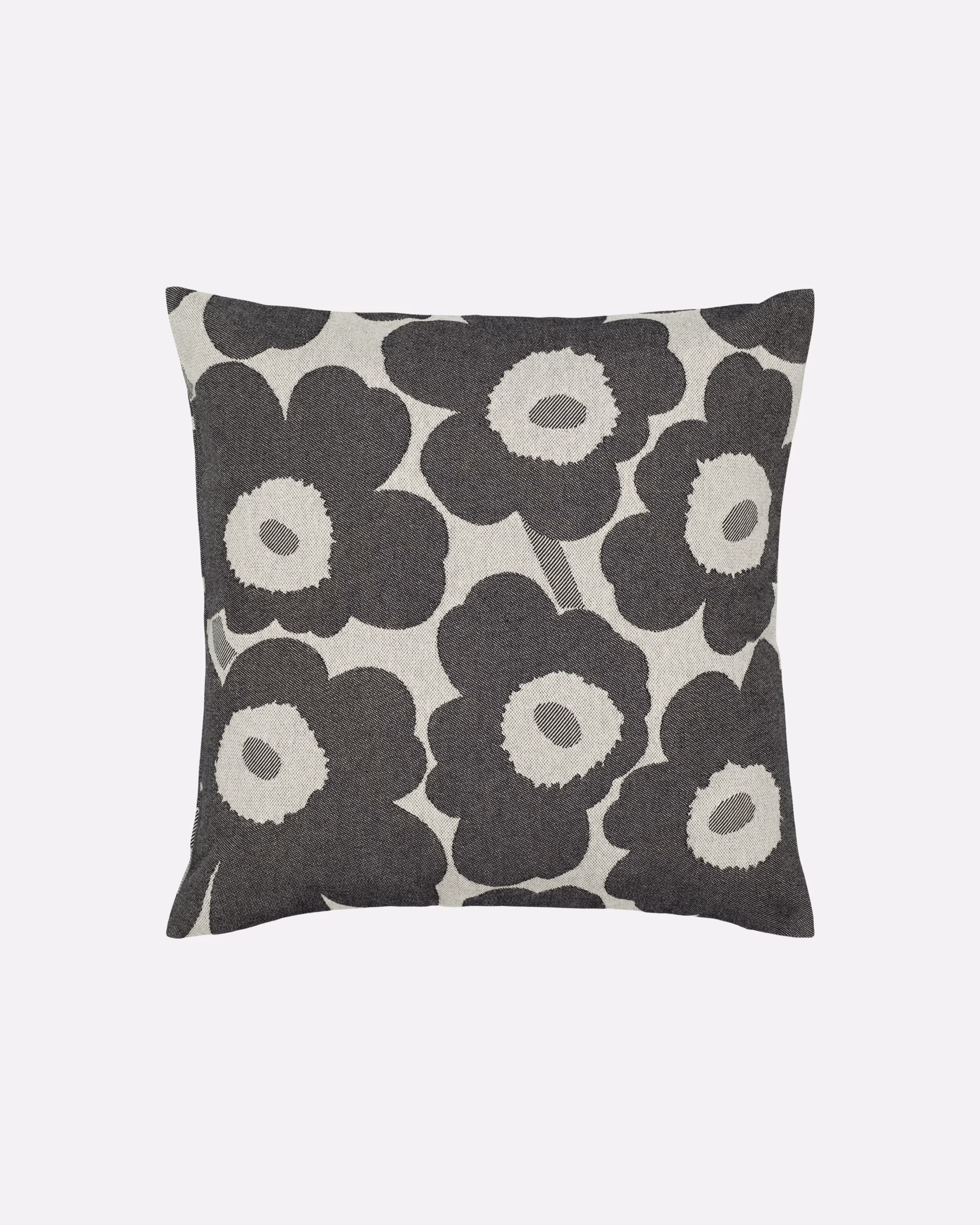 Marimekko Pieni Unikko Kissenbezug 47 × 47 cm aus hochwertigem Baumwoll-Leinen-Jacquard in Off-White und Charcoal.