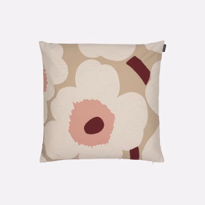 Marimekko Unikko Kissenbezug 50 × 50 cm in Beige, Linen und Rose aus hochwertigem Baumwoll-Leinen-Mischgewebe.