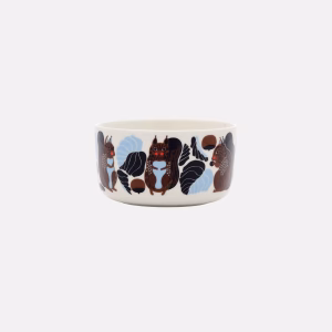 Marimekko Oiva Kurre Schale 5 dl aus weissem Steinzeug mit Kurre Muster in Braun, Schwarz und Hellblau.