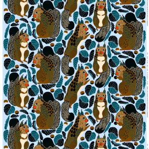 Marimekko Kurre Panama Stoff mit Eichhörnchen-Muster, weiss, braun, schwarz, hellblau