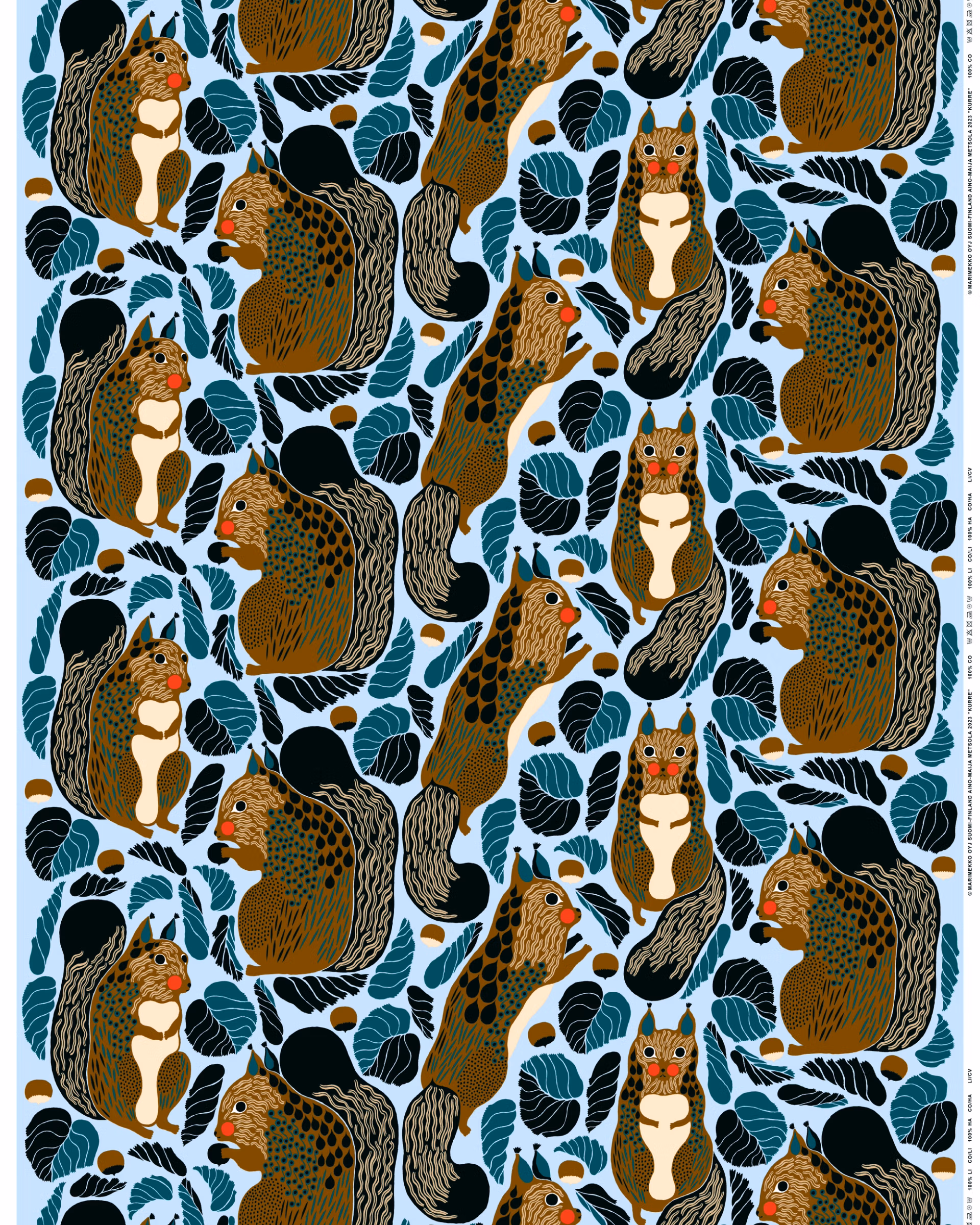 Marimekko Kurre Panama Stoff mit Eichhörnchen-Muster, weiss, braun, schwarz, hellblau