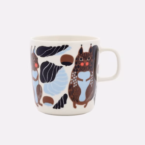 Marimekko Oiva Kurre Tasse gross, Eichhörnchen-Muster auf weissem Steingut