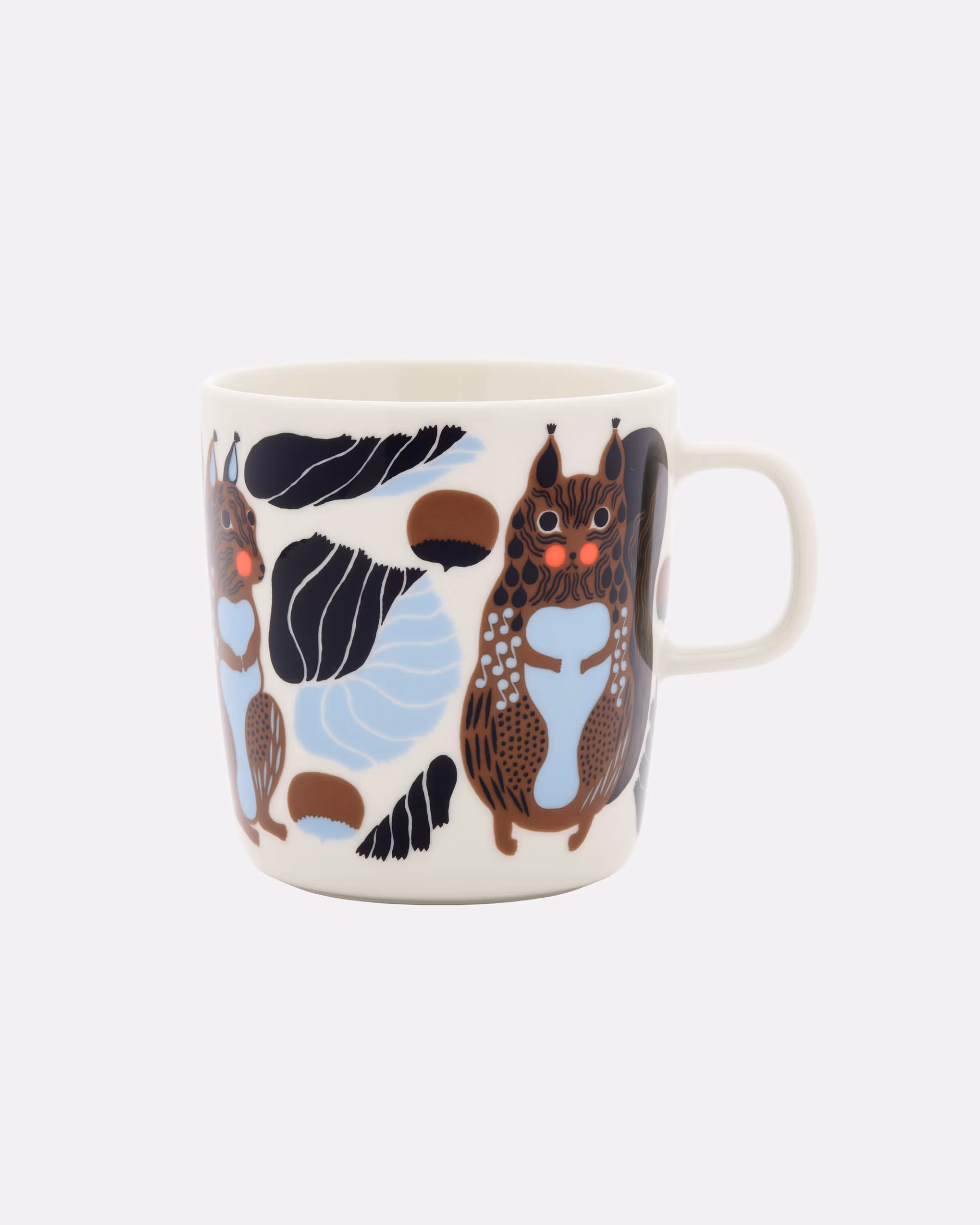 Marimekko Oiva Kurre Tasse gross, Eichhörnchen-Muster auf weissem Steingut