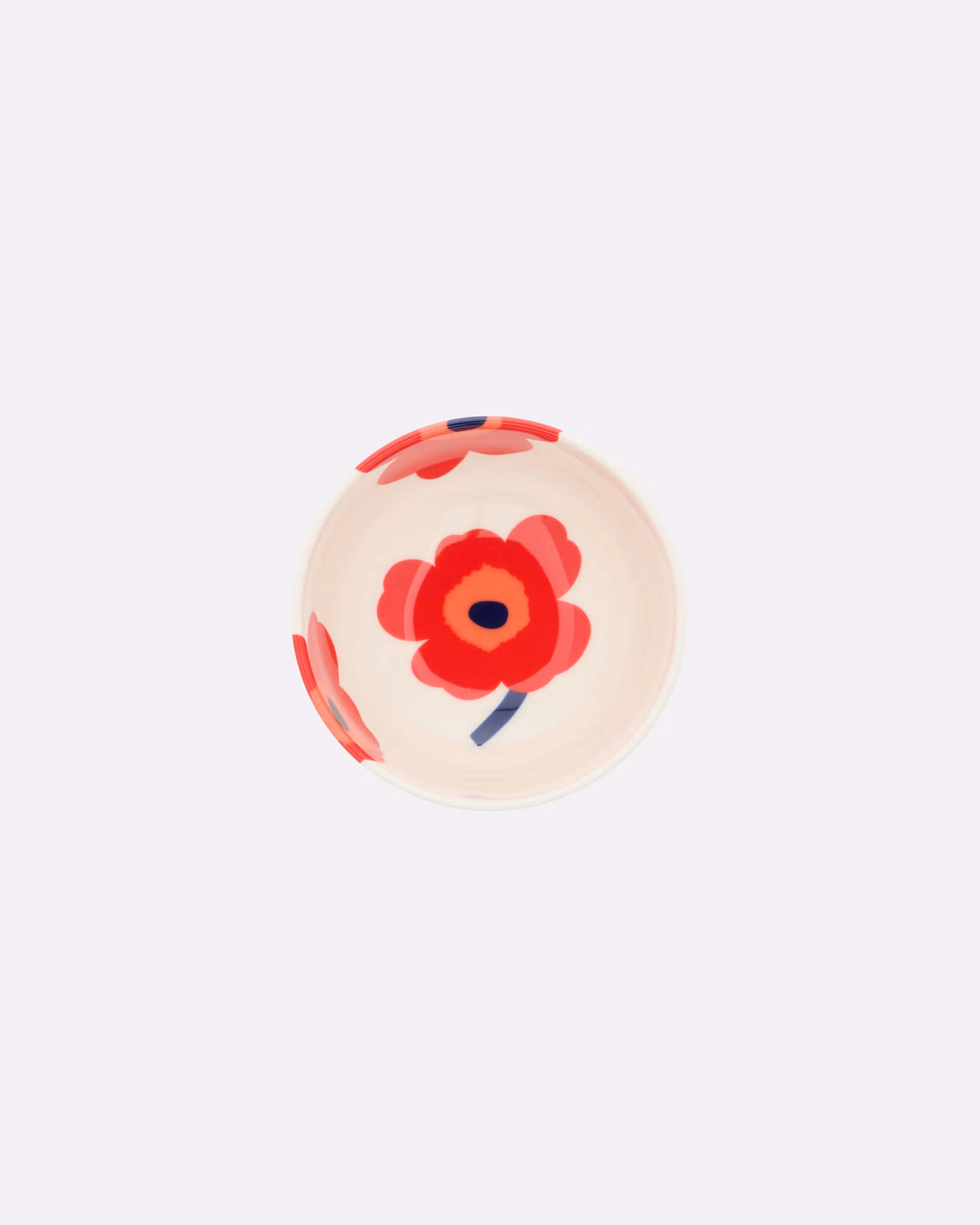 Marimekko Oiva Unikko Schale rot-blau, Mohnblumen-Muster auf weissem Steingut